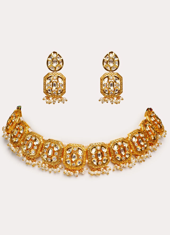 Gold Plated Kundan Polki Choker Set With Bead Hangings Zevar by Geeta - Fabilicious Fashion