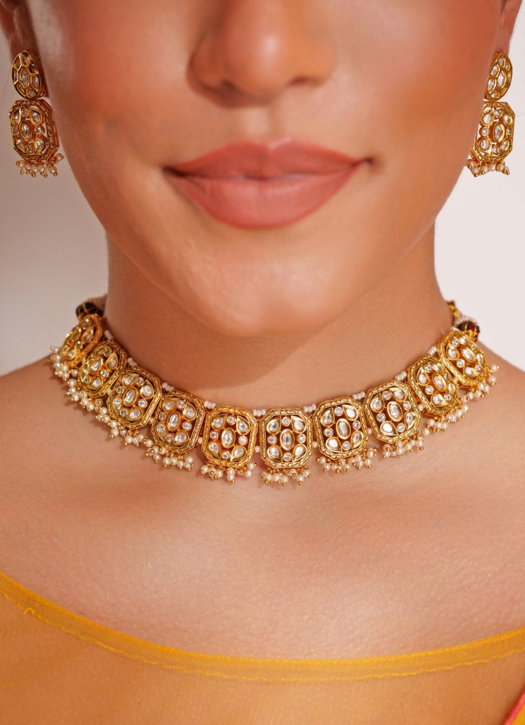 Gold Plated Kundan Polki Choker Set With Bead Hangings Zevar by Geeta - Fabilicious Fashion