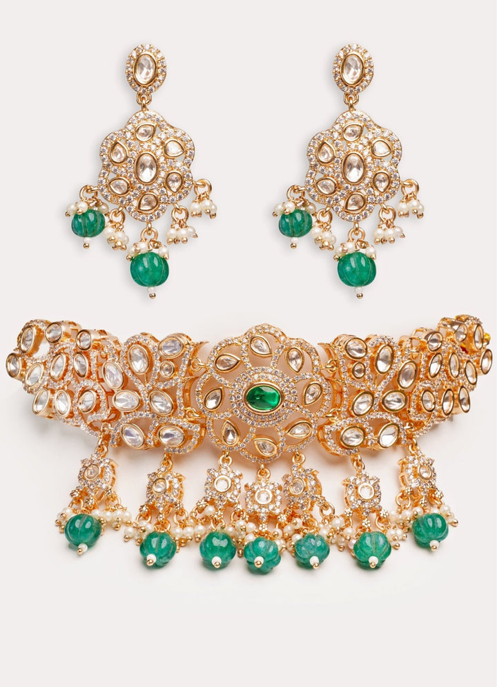 Gold Plated Kundan Polki Choker Set With Green Pearl Drops Zevar by Geeta - Fabilicious Fashion