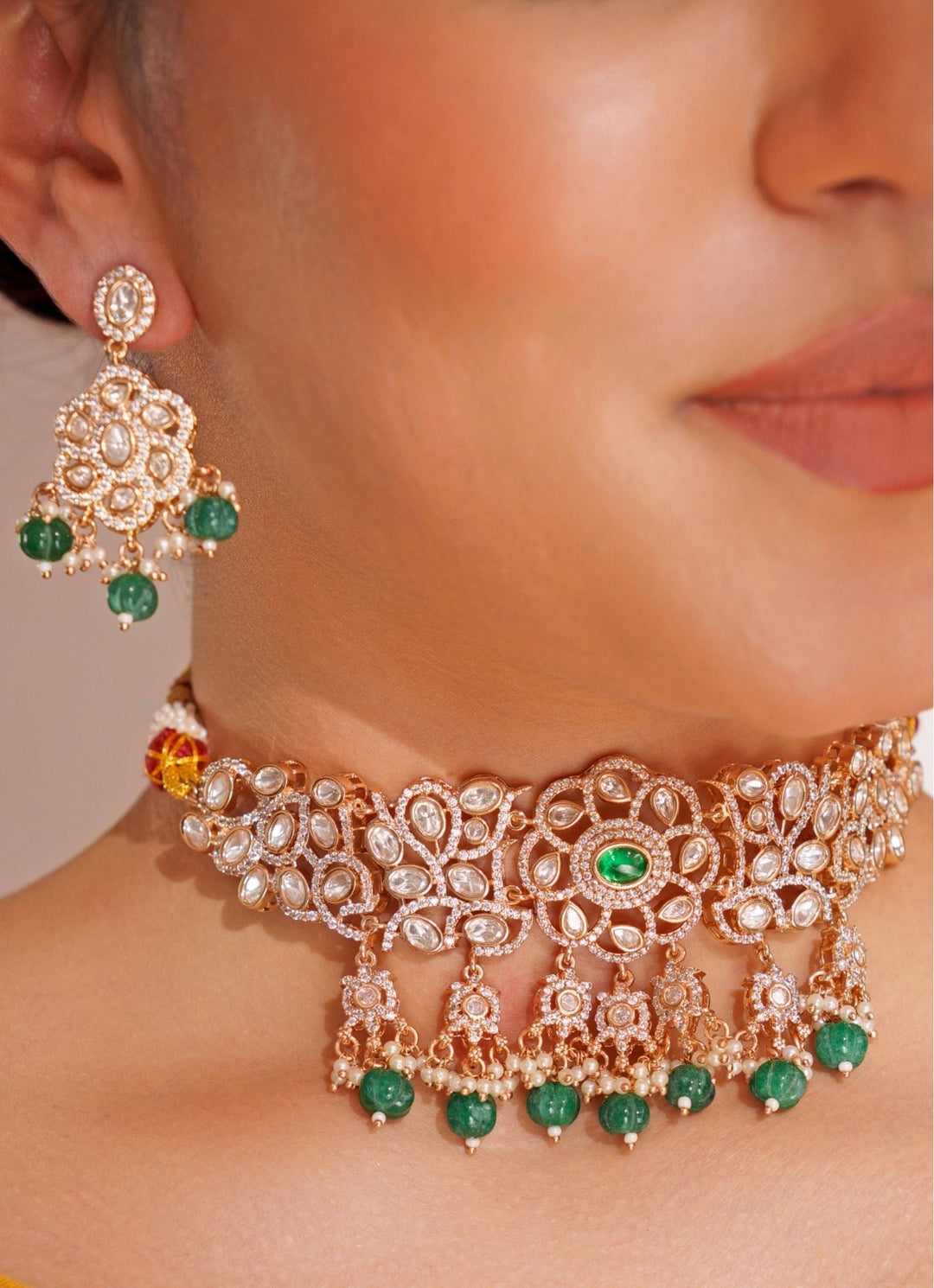 Gold Plated Kundan Polki Choker Set With Green Pearl Drops Zevar by Geeta - Fabilicious Fashion