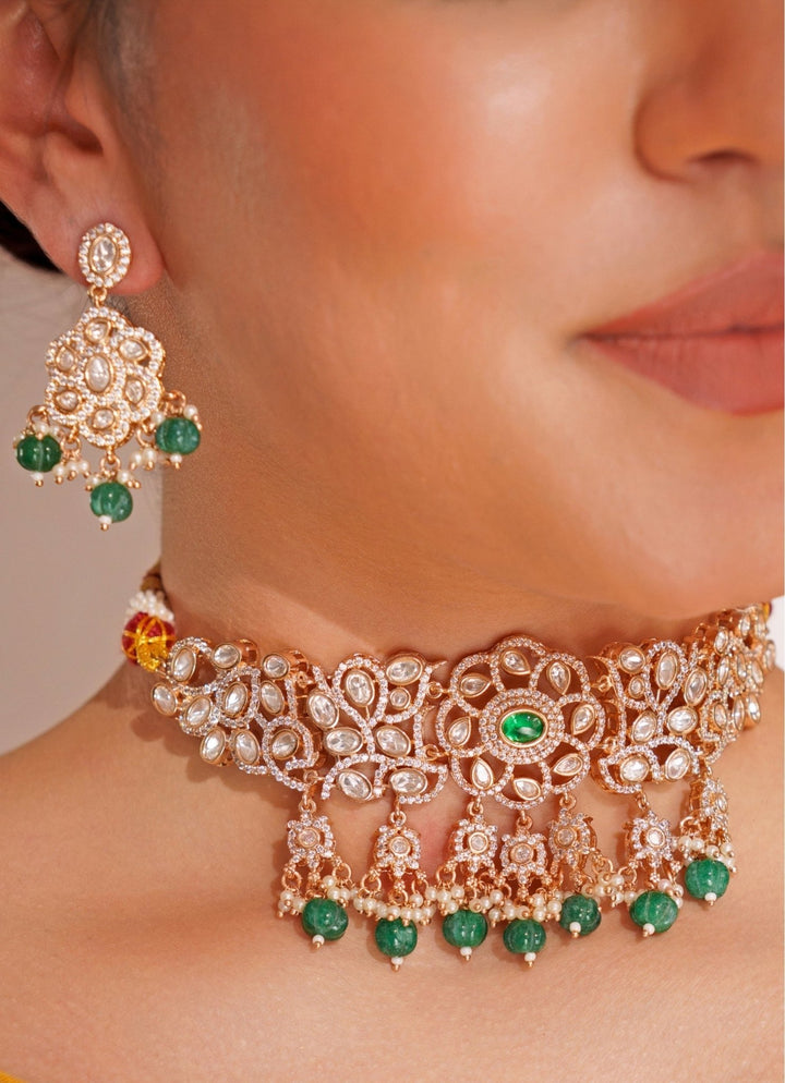 Gold Plated Kundan Polki Choker Set With Green Pearl Drops Zevar by Geeta - Fabilicious Fashion
