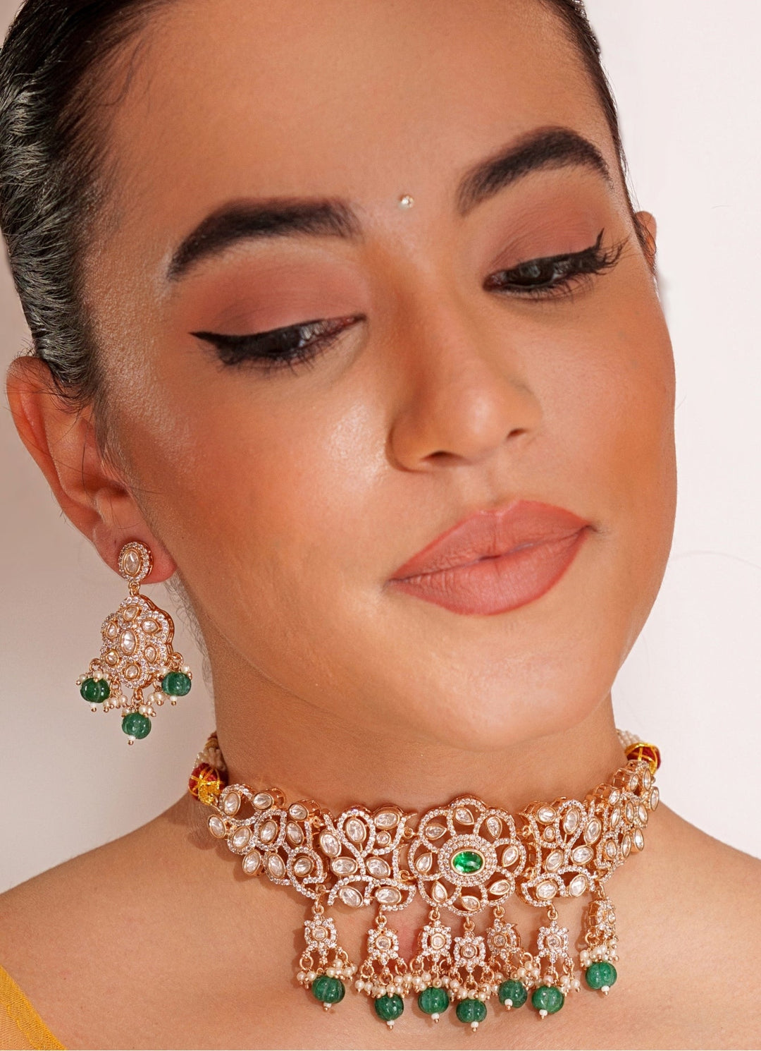 Gold Plated Kundan Polki Choker Set With Green Pearl Drops Zevar by Geeta - Fabilicious Fashion