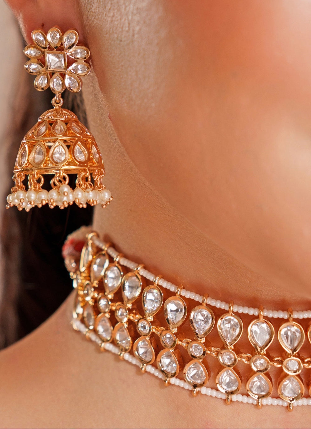 Gold Plated Kundan Polki Choker Set With Jhumka Earrings Zevar by Geeta - Fabilicious Fashion