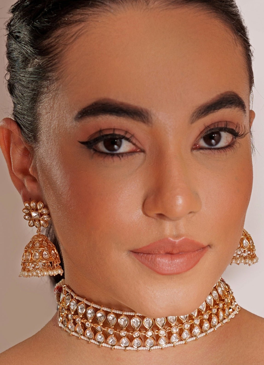 Gold Plated Kundan Polki Choker Set With Jhumka Earrings Zevar by Geeta - Fabilicious Fashion