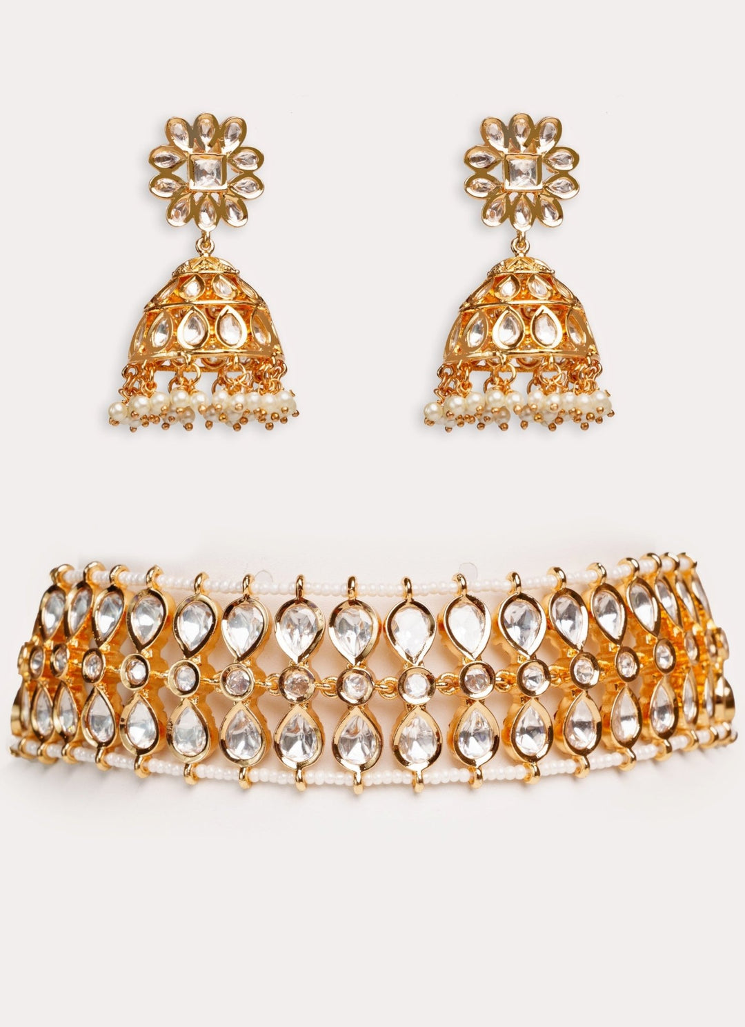 Gold Plated Kundan Polki Choker Set With Jhumka Earrings Zevar by Geeta - Fabilicious Fashion