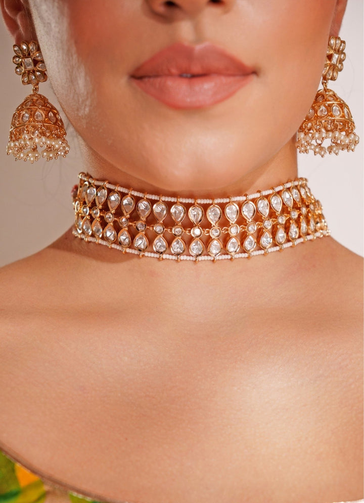 Gold Plated Kundan Polki Choker Set With Jhumka Earrings Zevar by Geeta - Fabilicious Fashion