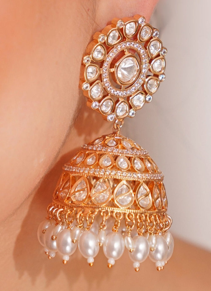Gold Plated Kundan Polki Jhumka Earrings Zevar by Geeta - Fabilicious Fashion