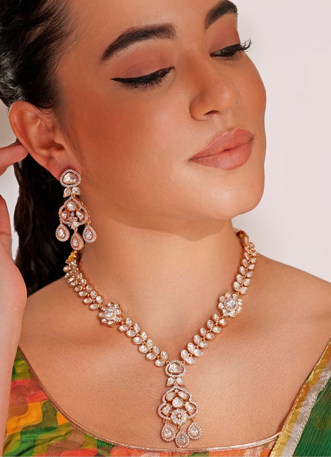 Gold Plated Kundan Polki Long Necklace Set With Danglers Zevar by Geeta - Fabilicious Fashion