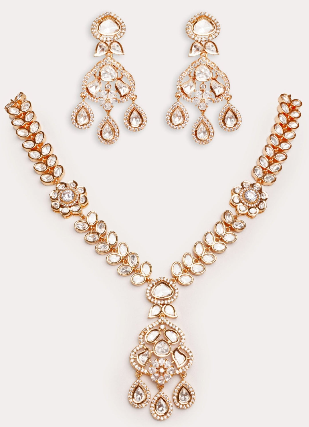 Gold Plated Kundan Polki Long Necklace Set With Danglers Zevar by Geeta - Fabilicious Fashion