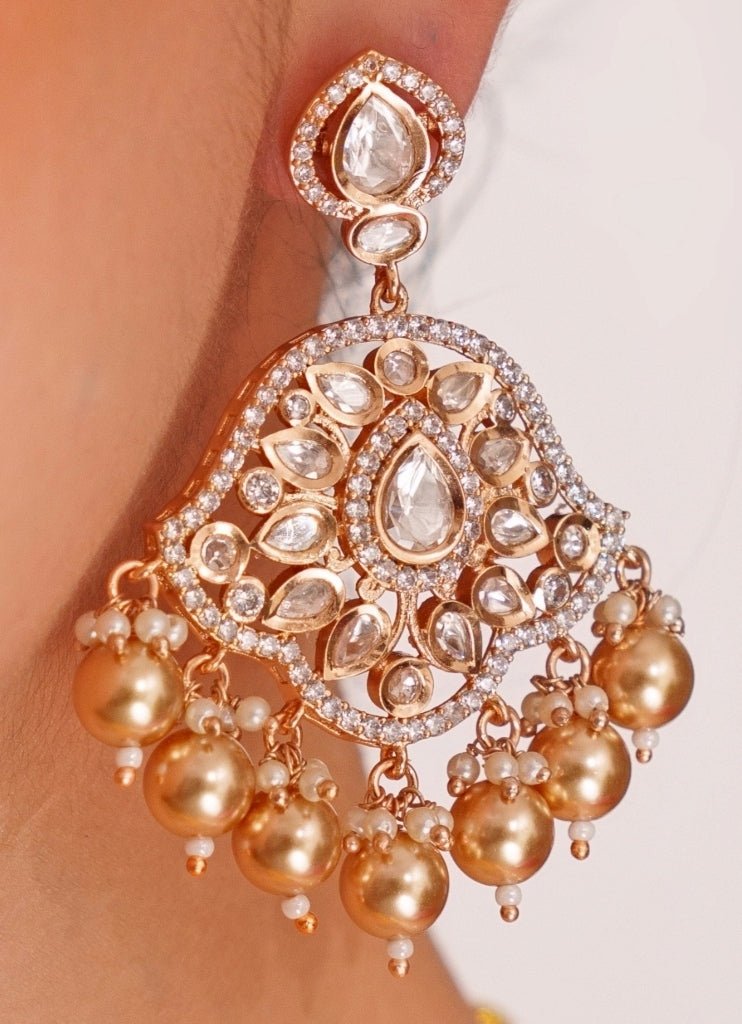 Gold Plated Kundan Polki Long Necklace Set With Gold Beads Zevar by Geeta - Fabilicious Fashion