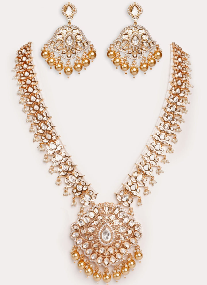 Gold Plated Kundan Polki Long Necklace Set With Gold Beads Zevar by Geeta - Fabilicious Fashion