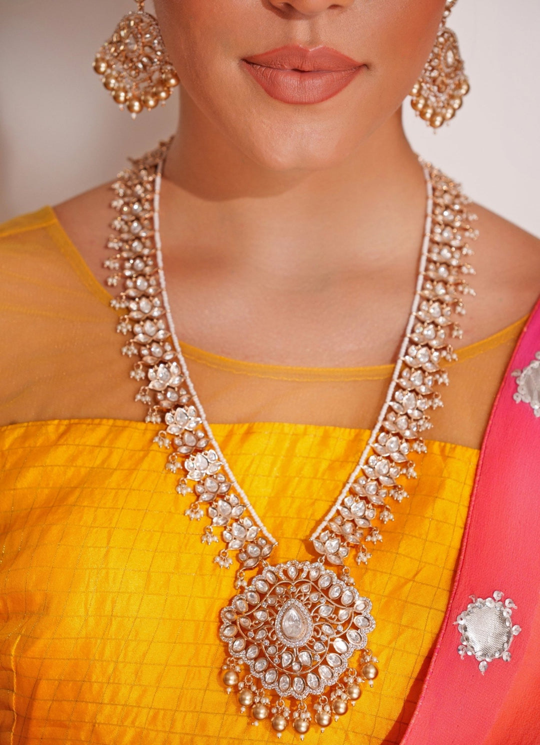 Gold Plated Kundan Polki Long Necklace Set With Gold Beads Zevar by Geeta - Fabilicious Fashion