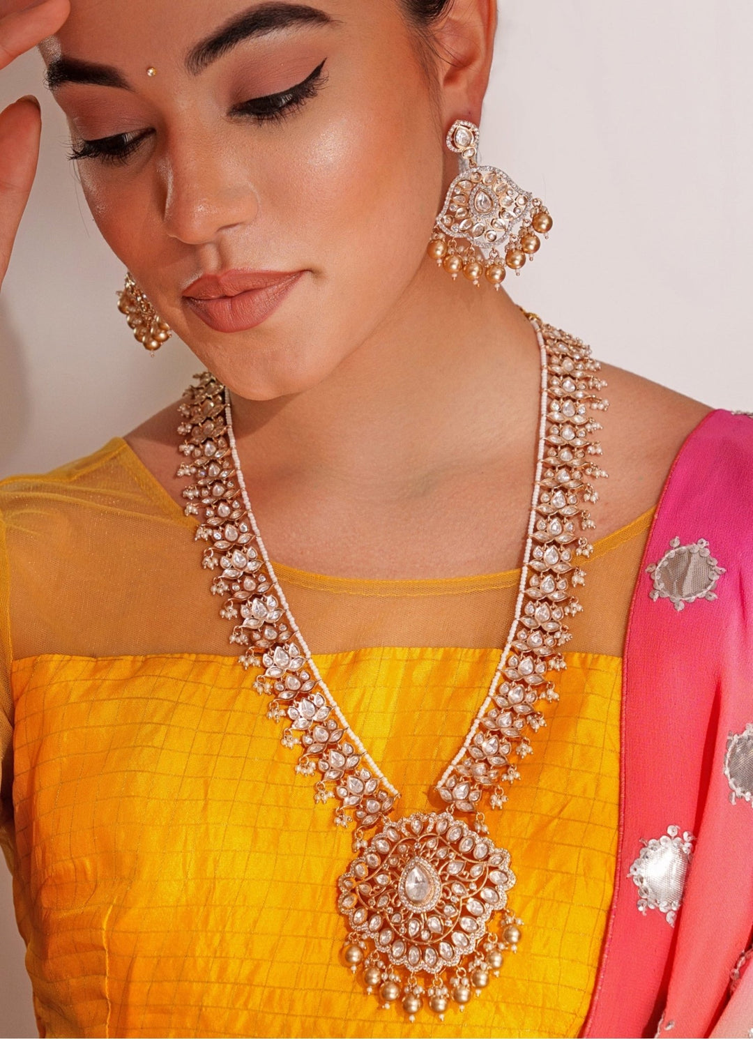 Gold Plated Kundan Polki Long Necklace Set With Gold Beads Zevar by Geeta - Fabilicious Fashion