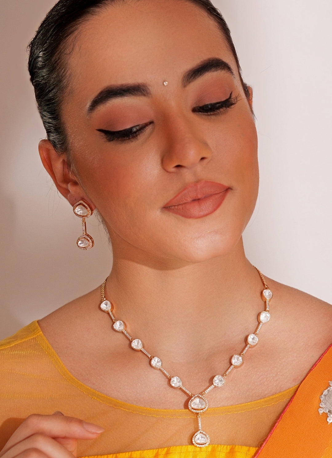 Gold Plated Kundan Polki Necklace Set With Dangler Earrings Zevar by Geeta - Fabilicious Fashion