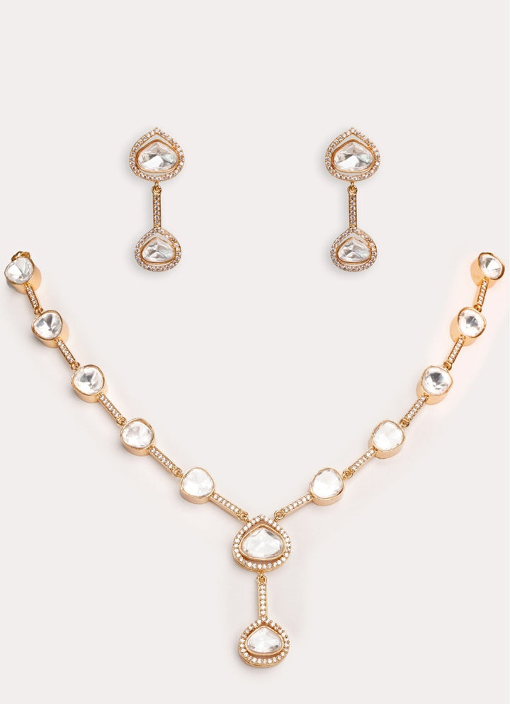 Gold Plated Kundan Polki Necklace Set With Dangler Earrings Zevar by Geeta - Fabilicious Fashion