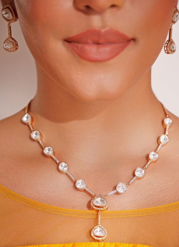 Gold Plated Kundan Polki Necklace Set With Dangler Earrings Zevar by Geeta - Fabilicious Fashion