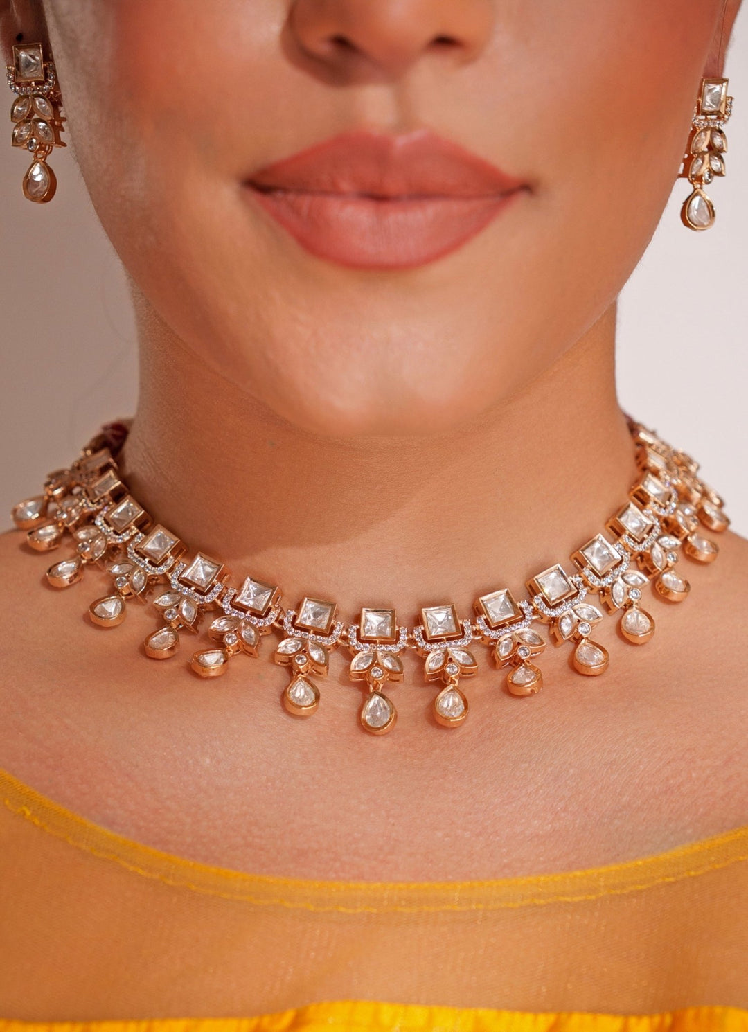 Gold Plated Kundan Polki Necklace Set With Earrings Zevar by Geeta - Fabilicious Fashion