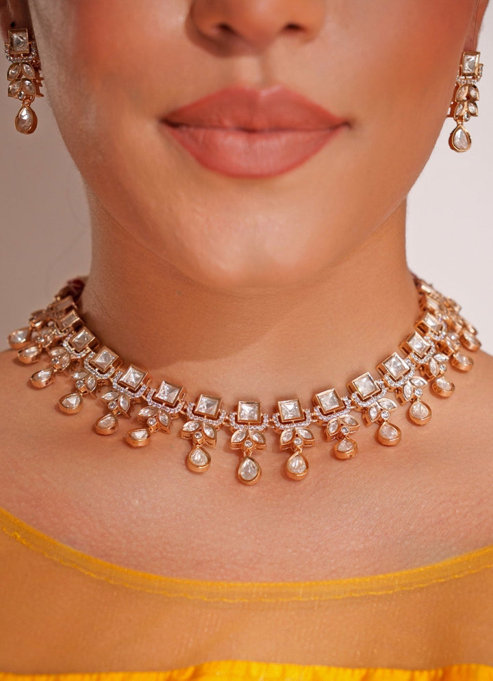 Gold Plated Kundan Polki Necklace Set With Earrings Zevar by Geeta - Fabilicious Fashion