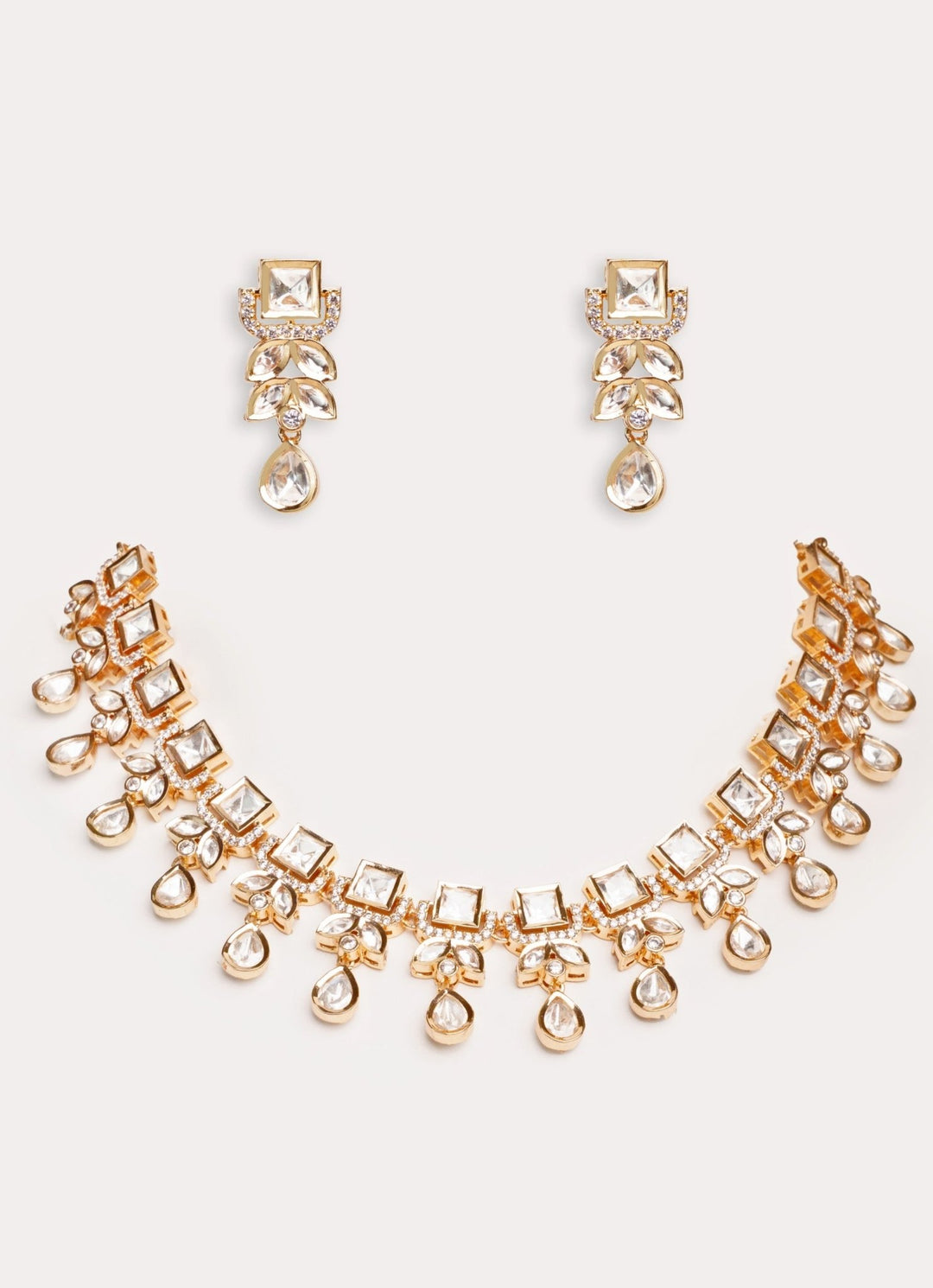 Gold Plated Kundan Polki Necklace Set With Earrings Zevar by Geeta - Fabilicious Fashion