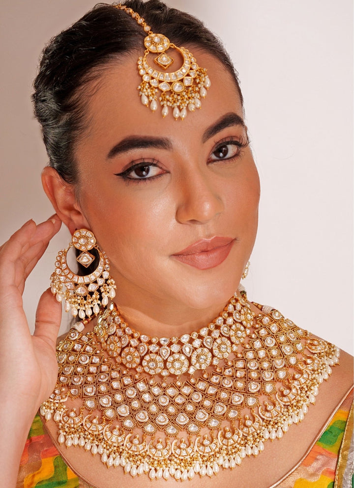 Gold Plated Kundan Polki Necklace Set With Maangtikka Zevar by Geeta - Fabilicious Fashion