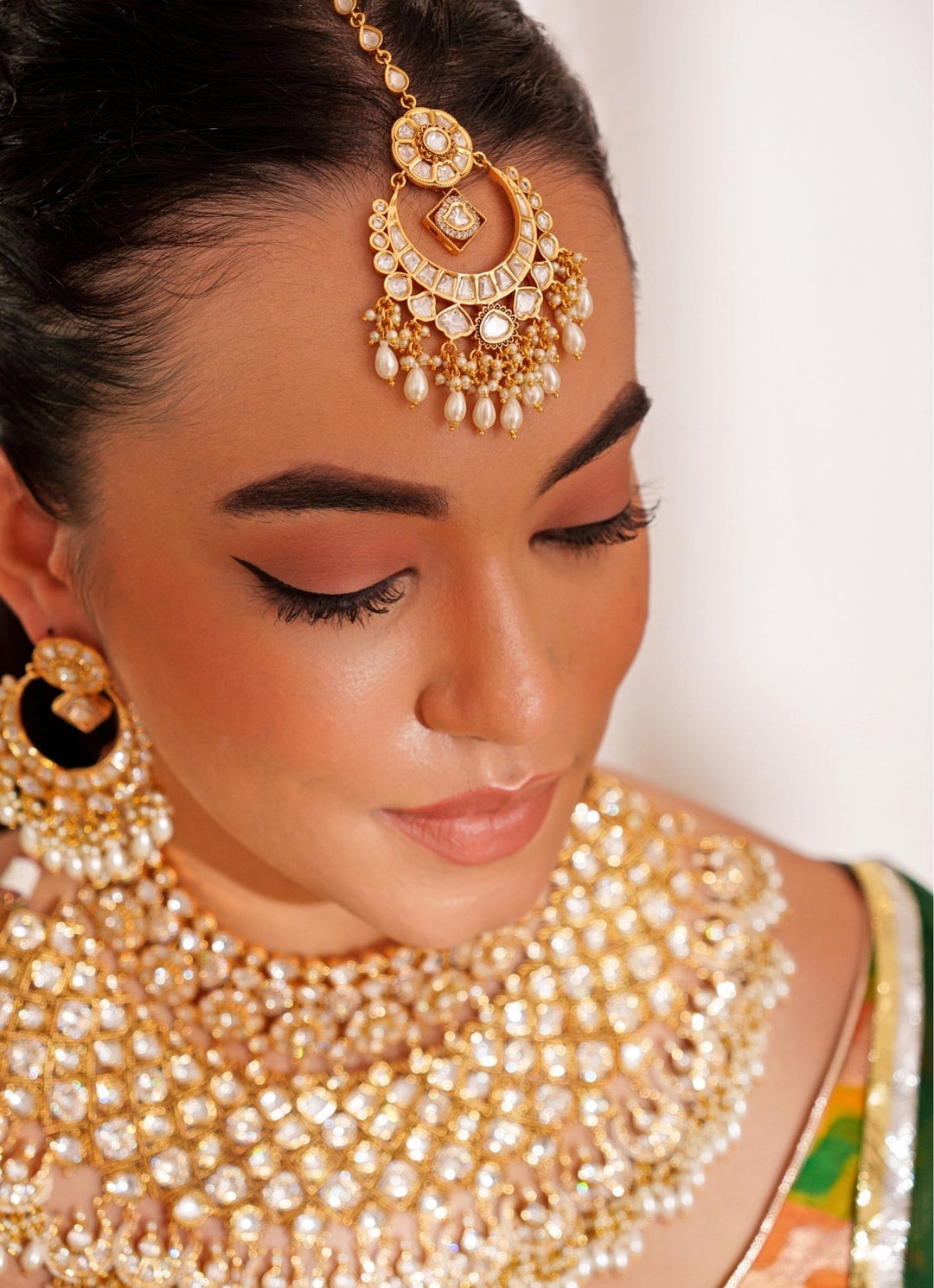 Gold Plated Kundan Polki Necklace Set With Maangtikka Zevar by Geeta - Fabilicious Fashion