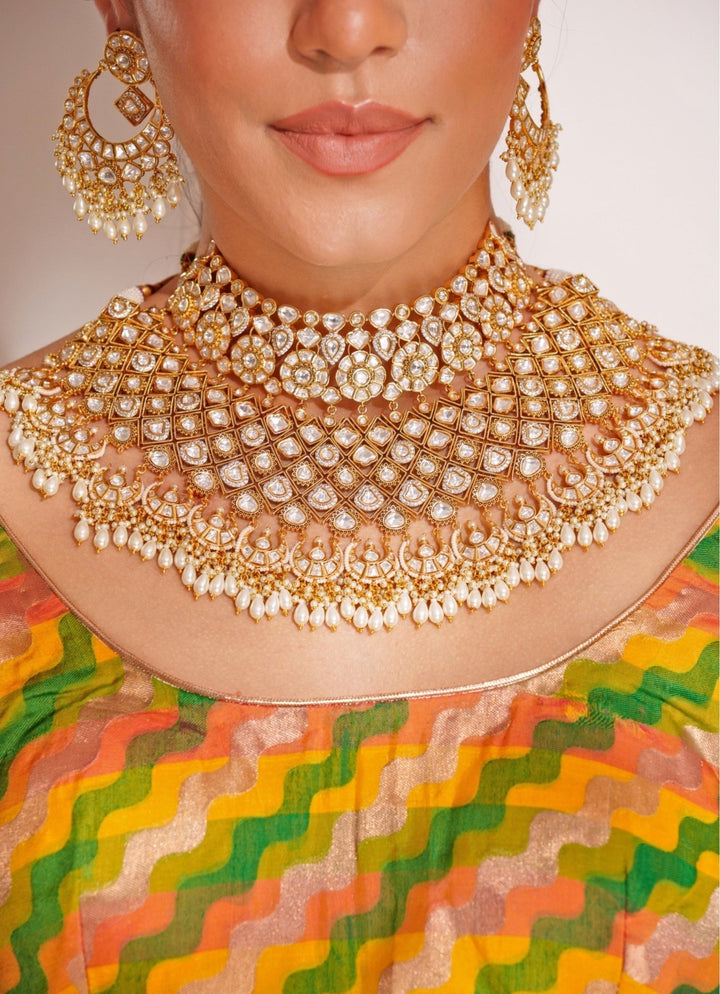 Gold Plated Kundan Polki Necklace Set With Maangtikka Zevar by Geeta - Fabilicious Fashion