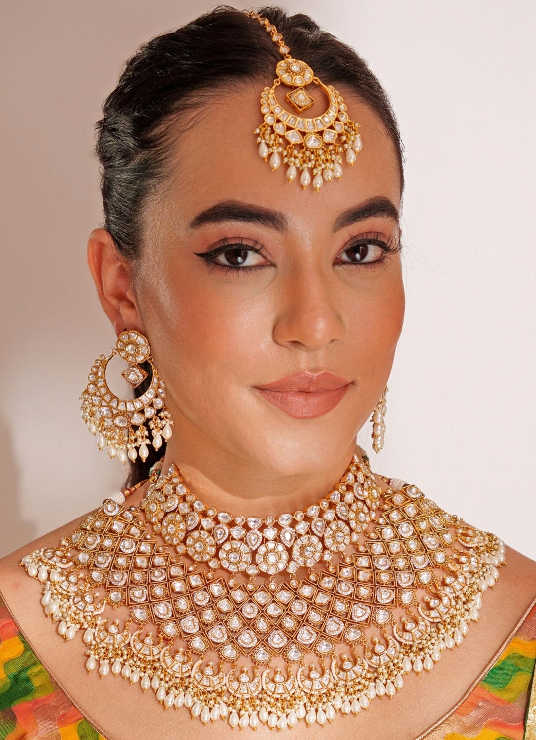 Gold Plated Kundan Polki Necklace Set With Maangtikka Zevar by Geeta - Fabilicious Fashion