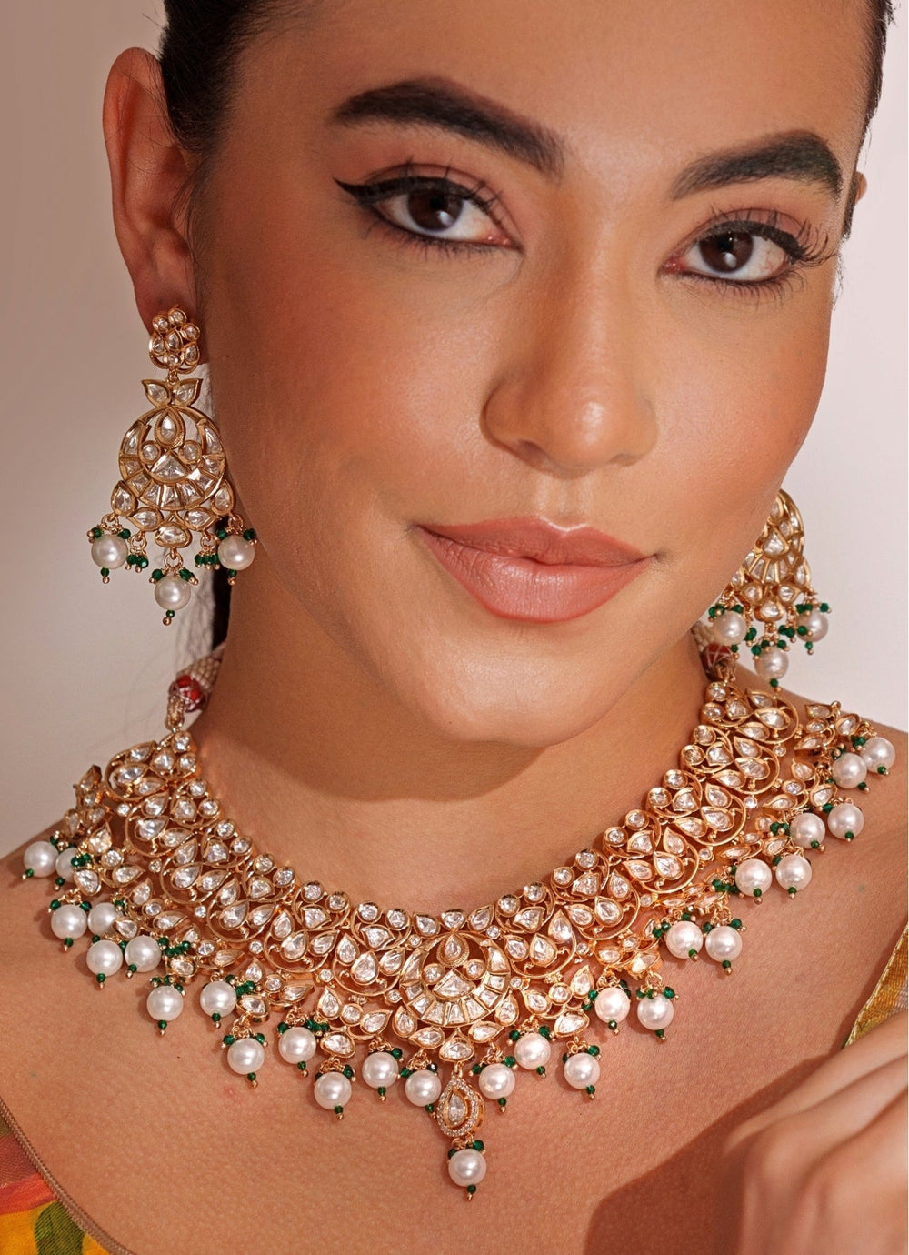 Gold Plated Kundan Polki Necklace Set With Pearl Drops Zevar by Geeta - Fabilicious Fashion