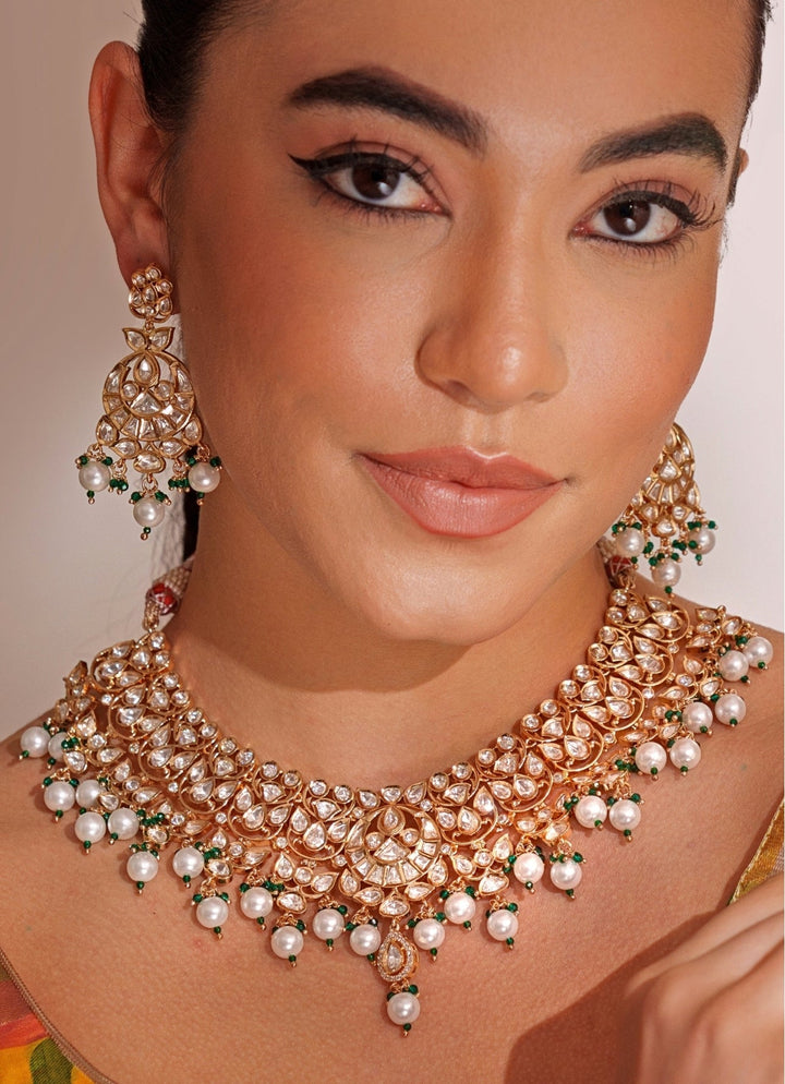 Gold Plated Kundan Polki Necklace Set With Pearl Drops Zevar by Geeta - Fabilicious Fashion