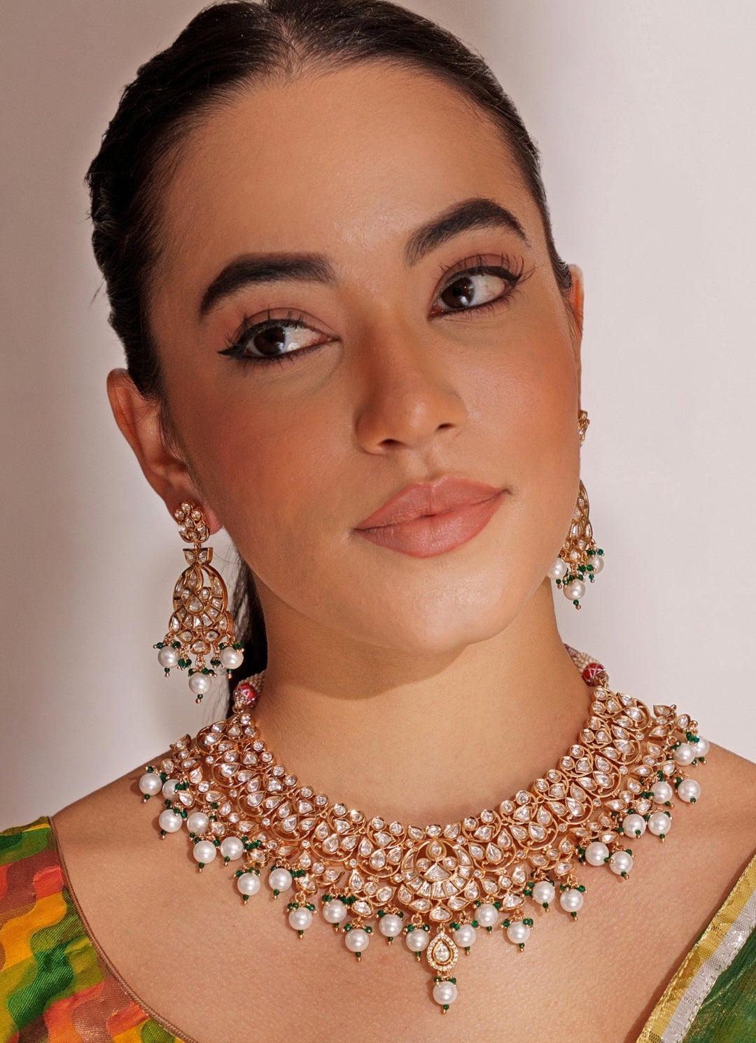 Gold Plated Kundan Polki Necklace Set With Pearl Drops Zevar by Geeta - Fabilicious Fashion