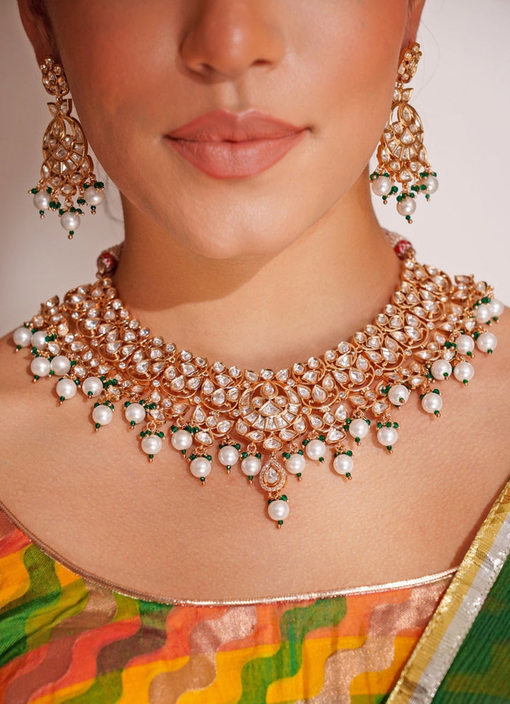 Gold Plated Kundan Polki Necklace Set With Pearl Drops Zevar by Geeta - Fabilicious Fashion