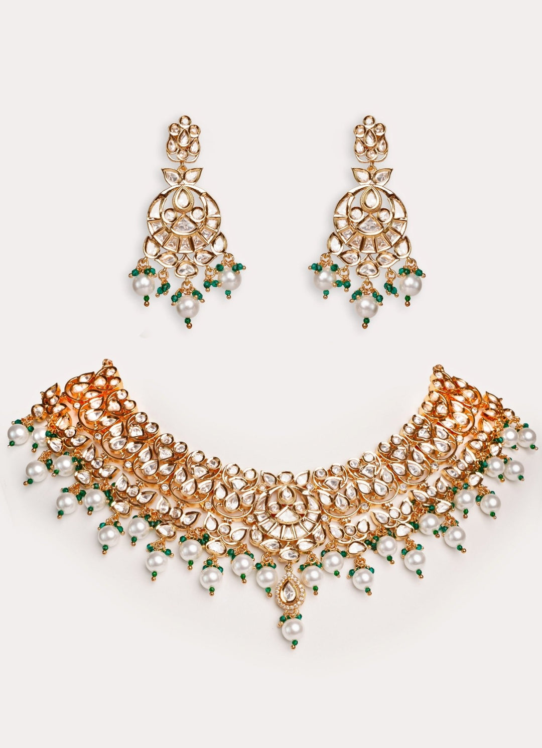 Gold Plated Kundan Polki Necklace Set With Pearl Drops Zevar by Geeta - Fabilicious Fashion