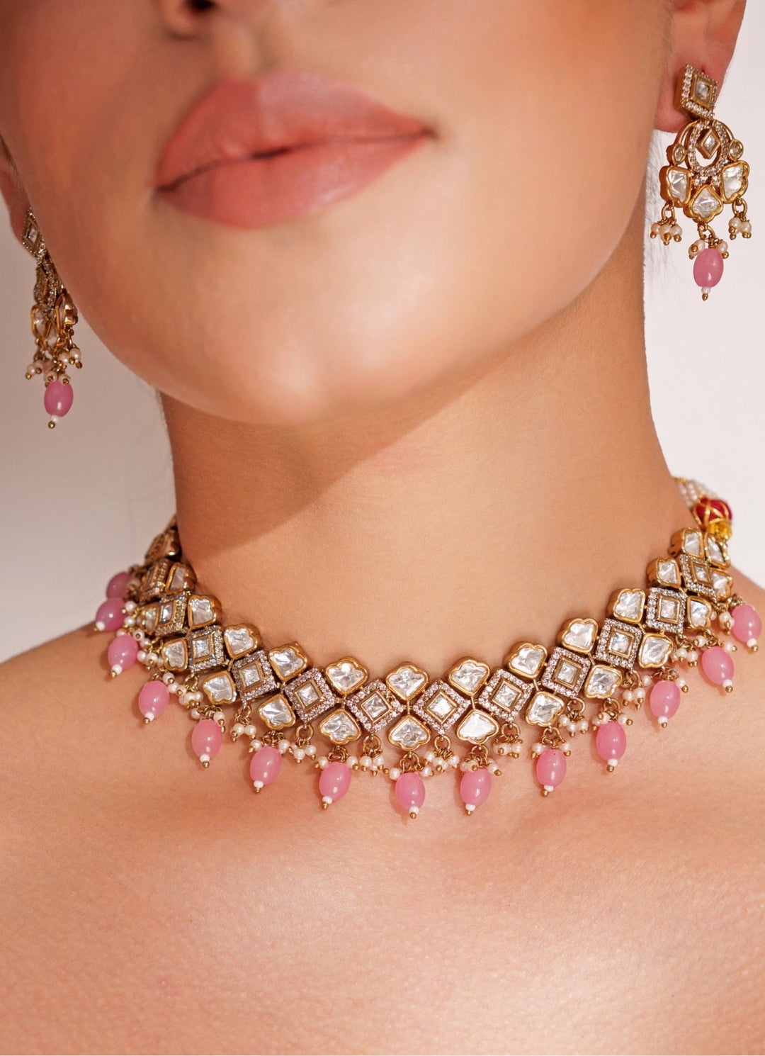 Gold Plated Kundan Polki Necklace Set With Pink Pearl Drops Zevar by Geeta - Fabilicious Fashion