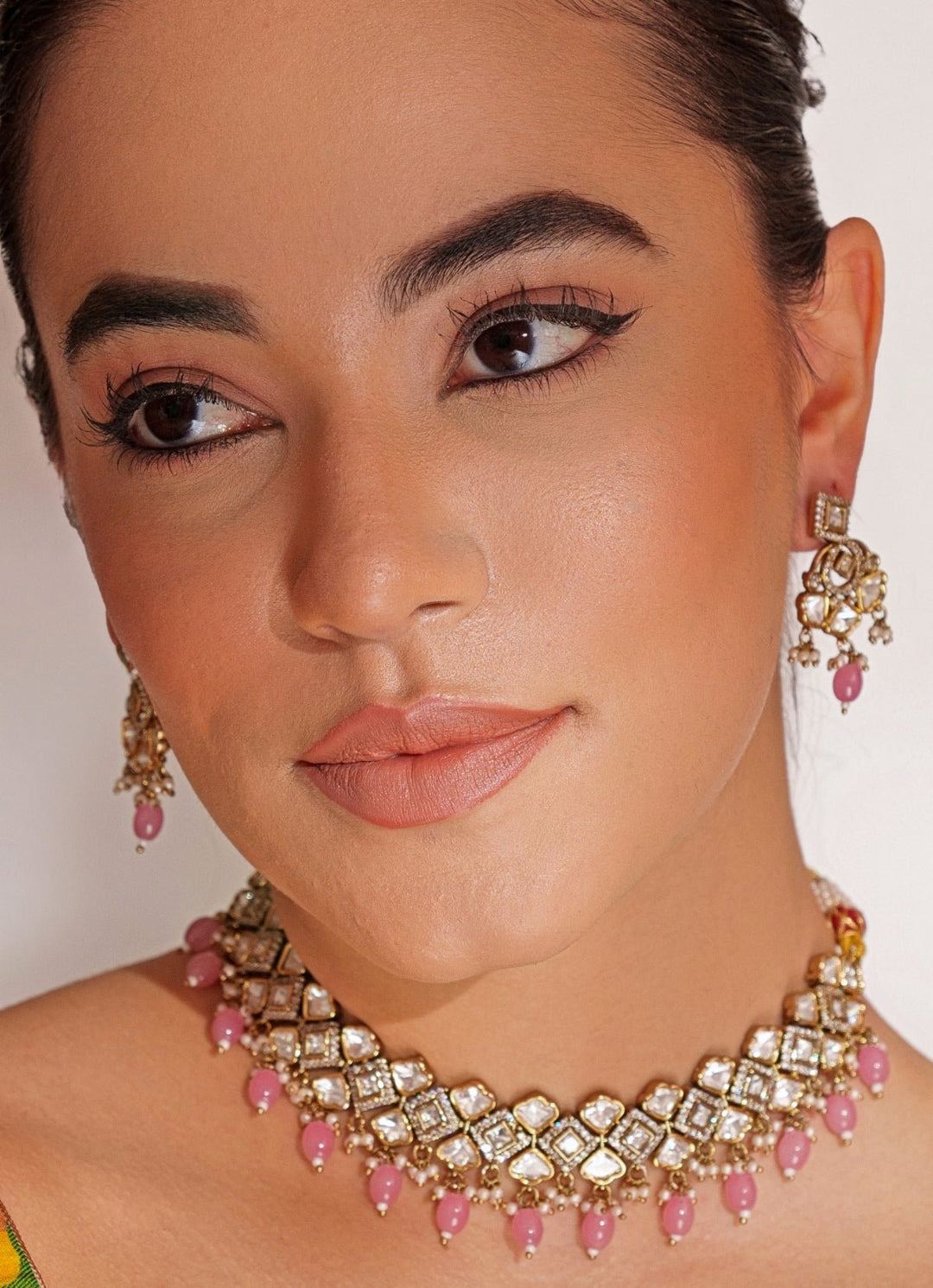 Gold Plated Kundan Polki Necklace Set With Pink Pearl Drops Zevar by Geeta - Fabilicious Fashion