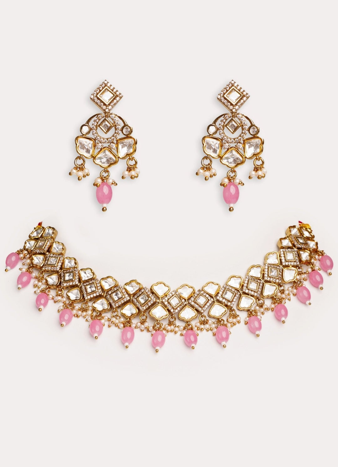 Gold Plated Kundan Polki Necklace Set With Pink Pearl Drops Zevar by Geeta - Fabilicious Fashion