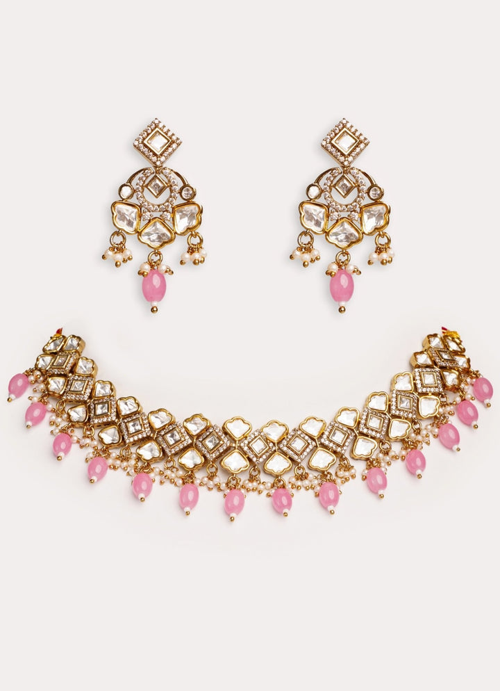 Gold Plated Kundan Polki Necklace Set With Pink Pearl Drops Zevar by Geeta - Fabilicious Fashion