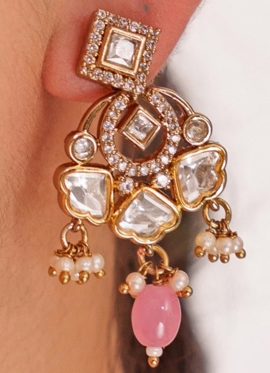 Gold Plated Kundan Polki Necklace Set With Pink Pearl Drops Zevar by Geeta - Fabilicious Fashion