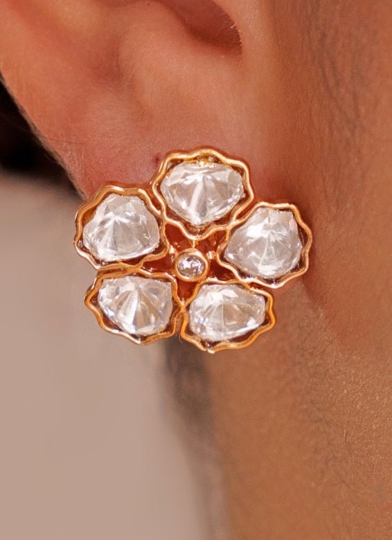 Gold Plated Kundan Polki Necklace Set With Stud Earrings Zevar by Geeta - Fabilicious Fashion