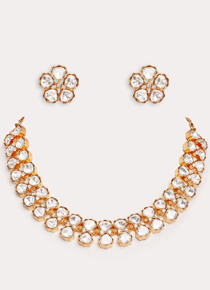 Gold Plated Kundan Polki Necklace Set With Stud Earrings Zevar by Geeta - Fabilicious Fashion