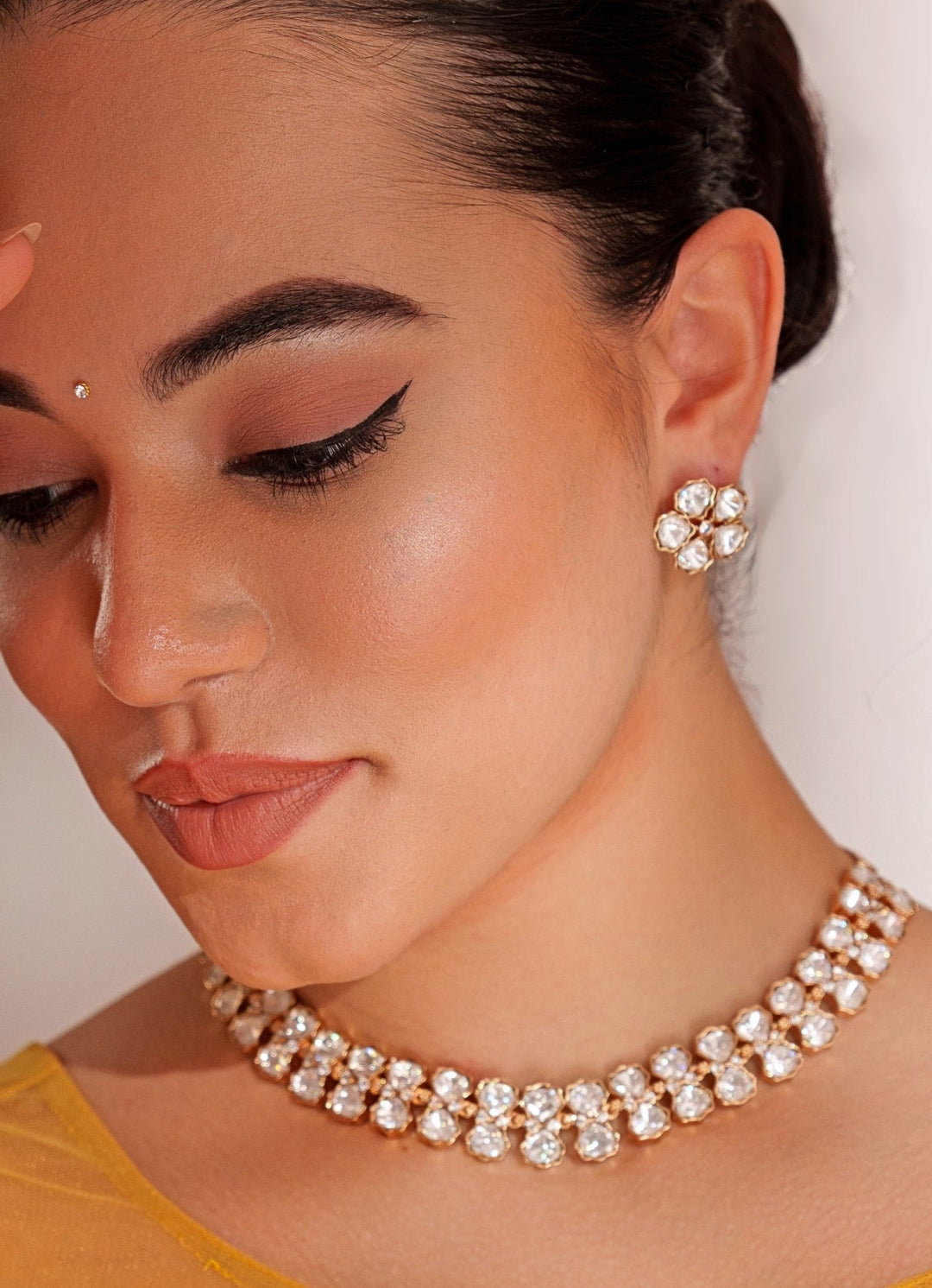 Gold Plated Kundan Polki Necklace Set With Stud Earrings Zevar by Geeta - Fabilicious Fashion
