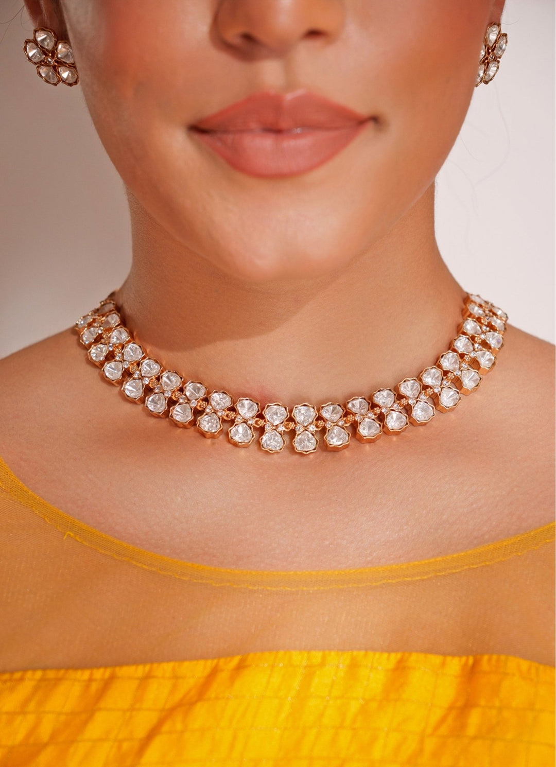Gold Plated Kundan Polki Necklace Set With Stud Earrings Zevar by Geeta - Fabilicious Fashion