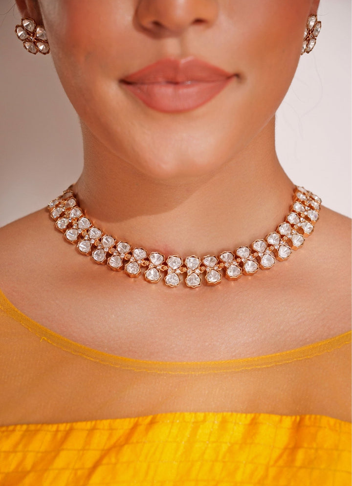 Gold Plated Kundan Polki Necklace Set With Stud Earrings Zevar by Geeta - Fabilicious Fashion
