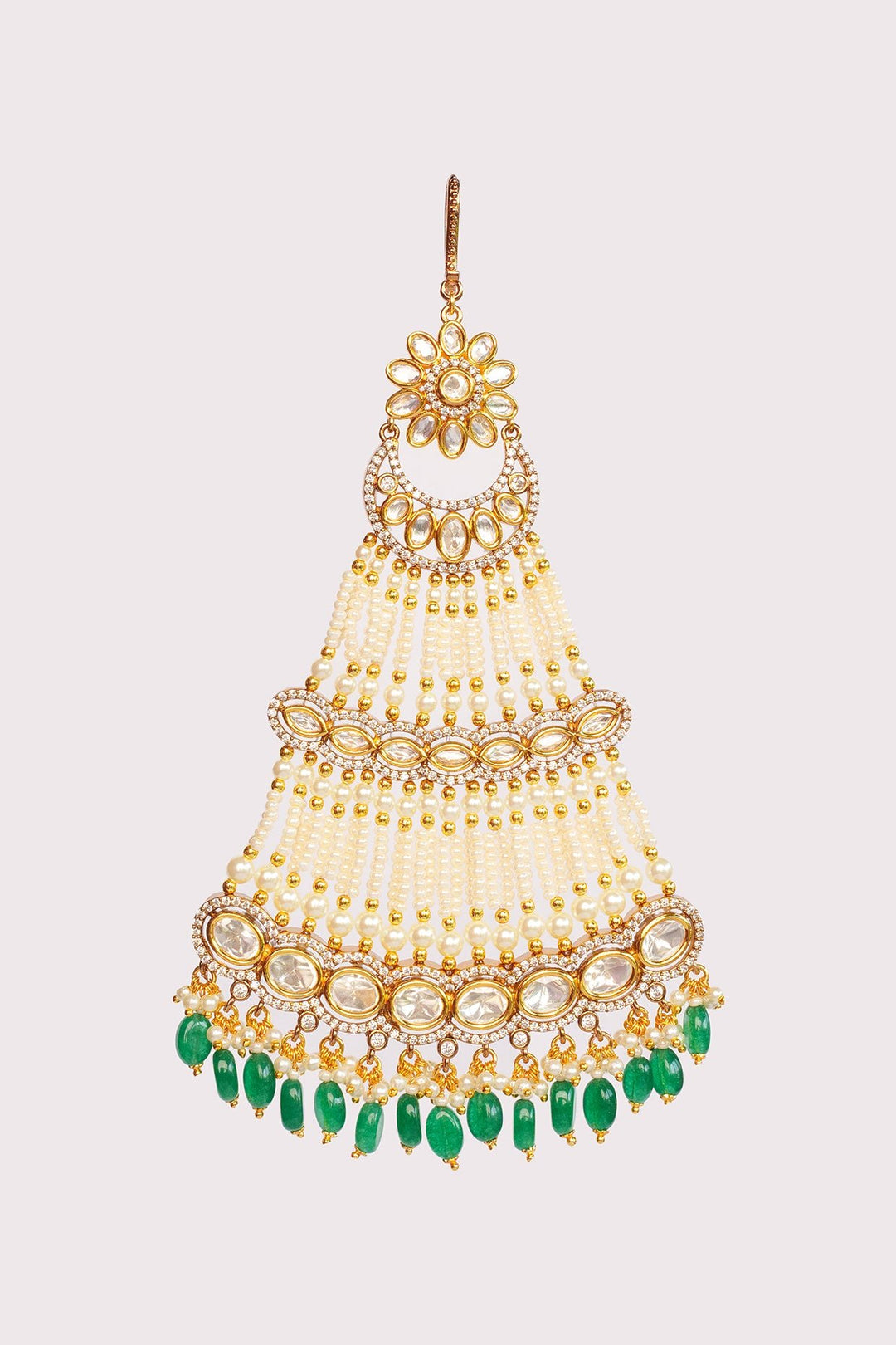 Gold Plated Kundan Polki Passa With Green Hanging Beads Zevar by Geeta - Fabilicious Fashion