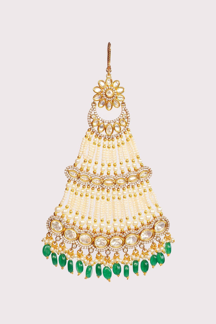 Gold Plated Kundan Polki Passa With Green Hanging Beads Zevar by Geeta - Fabilicious Fashion