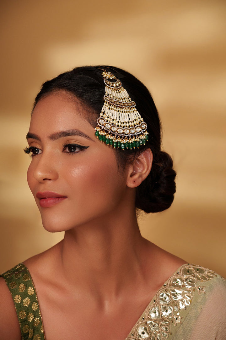Gold Plated Kundan Polki Passa With Green Hanging Beads Zevar by Geeta - Fabilicious Fashion