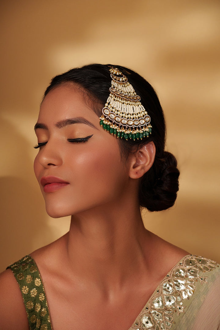 Gold Plated Kundan Polki Passa With Green Hanging Beads Zevar by Geeta - Fabilicious Fashion