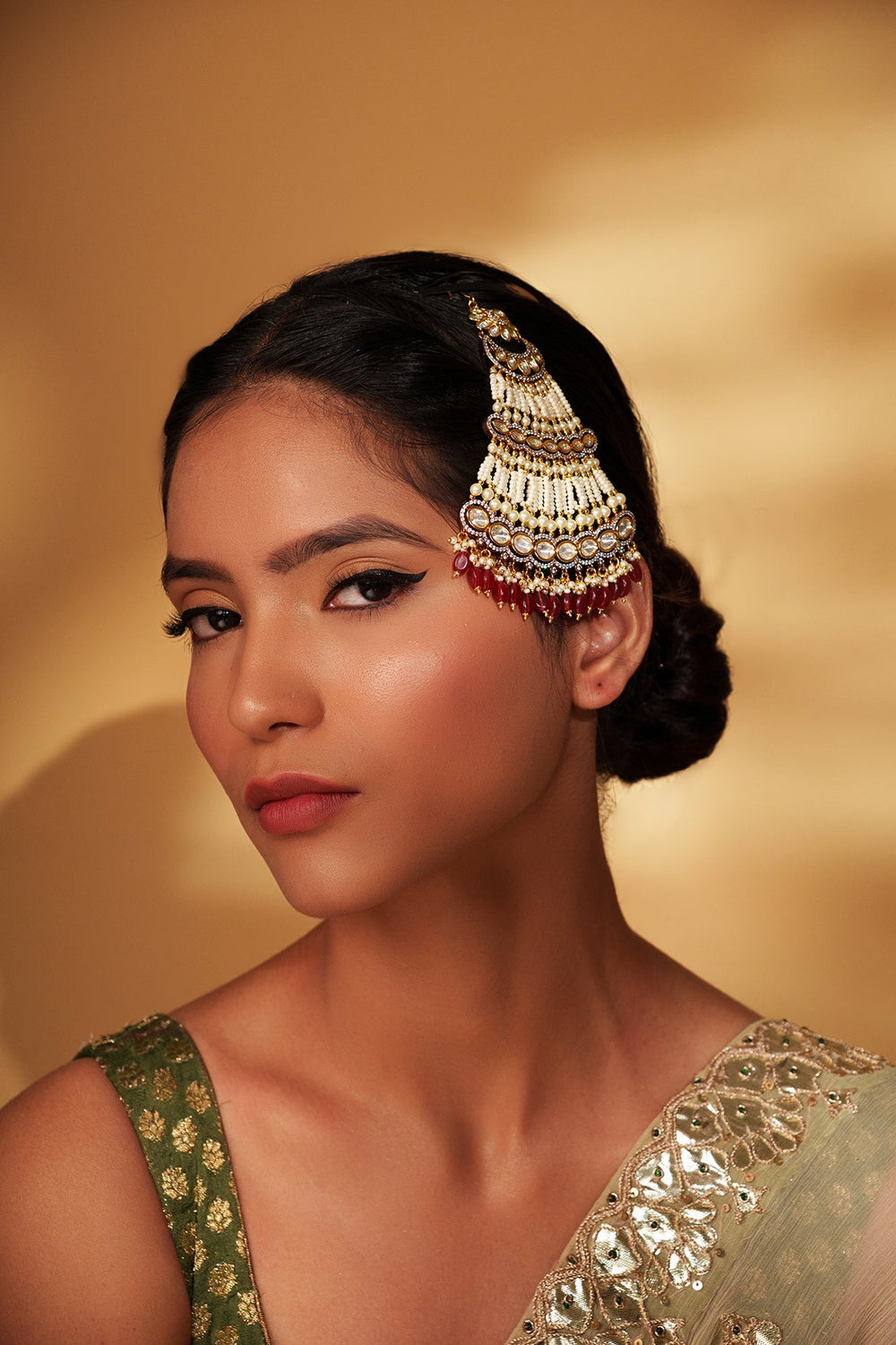 Gold Plated Kundan Polki Passa With Red Hanging Beads Zevar by Geeta - Fabilicious Fashion