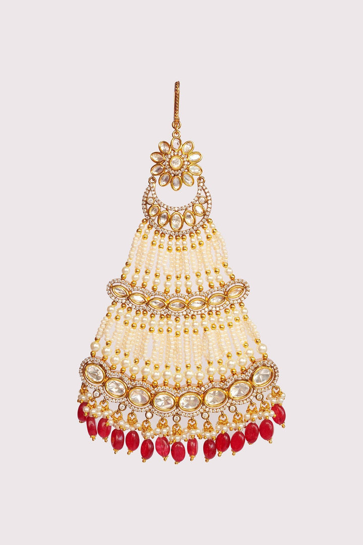 Gold Plated Kundan Polki Passa With Red Hanging Beads Zevar by Geeta - Fabilicious Fashion