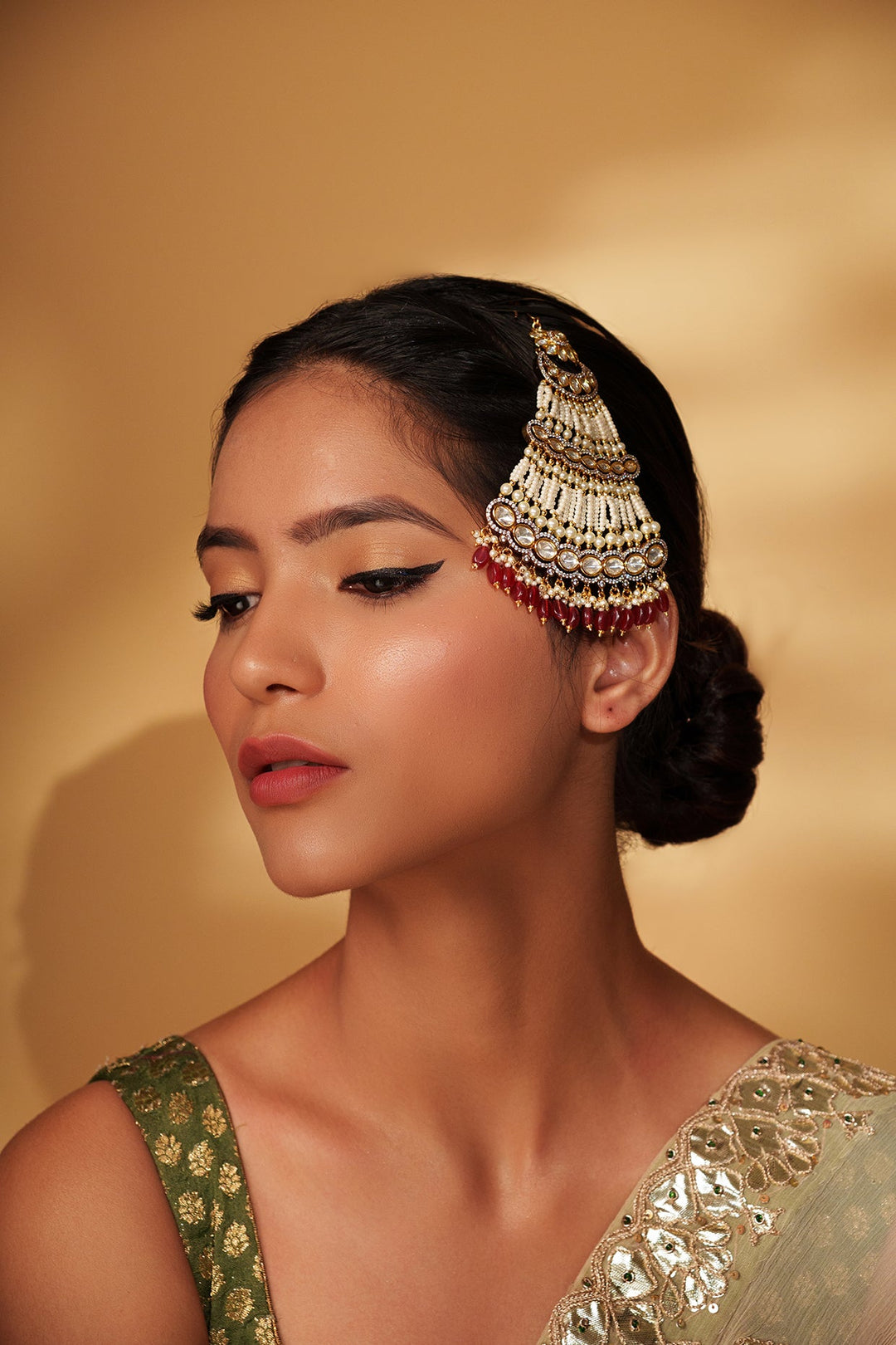 Gold Plated Kundan Polki Passa With Red Hanging Beads Zevar by Geeta - Fabilicious Fashion