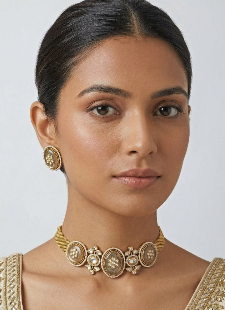 Zevar by Geeta Gold Plated Kundan Resin Choker Necklace SetFabilicious Fashion